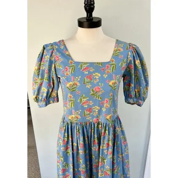 VTG Komil Honolulu Dress Square Neck MIDI Blue Floral A-line Puff Sleeves SM - Picture 5 of 11